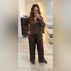 Z Supply Brown Satin Set Long Sleeve Button Down Shirt & Wide Leg Pant M NWT!